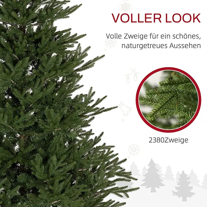 HOMCOM-Weihnachtsbaum-110L x 110B x 183H cm-Grün -  - Detailaufnahme von künstlichen Weihnachtsbaumzweigen mit vollem, dichtem grünem Nadelwerk und 2380 Zweigen für einen natürlichen Look.