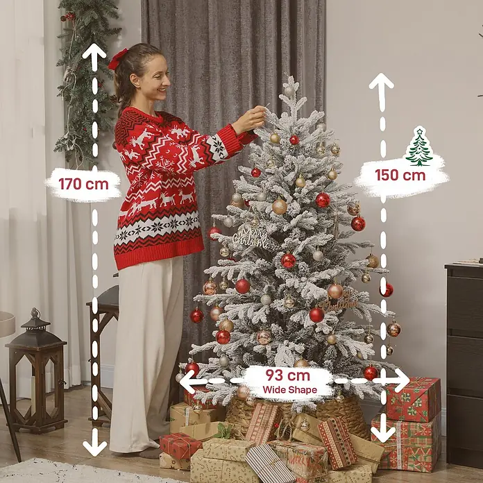 HOMCOM-Weihnachtsbaum-93L x 93B x 150H cm-Grün+Weiß -  - Eine Frau schmückt einen 150 cm hohen, 93 cm breiten, beschneiten Weihnachtsbaum mit roten und goldenen Kugeln und Geschenken. Frau ist 170 cm groß.