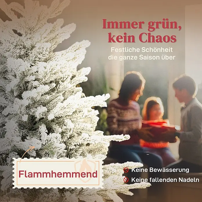 HOMCOM-Weihnachtsbaum-93L x 93B x 150H cm-Grün+Weiß -  - Ein beflockter künstlicher Weihnachtsbaum mit Schnee in festlicher Szene. Er ist immergrün, flammhemmend und vermeidet Nadelverlust.