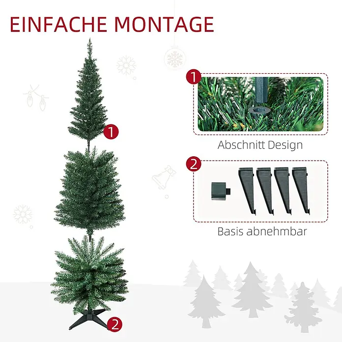 HOMCOM-Weihnachtsbaum-Ø55 x 180H cm-Grün -  - Grüner künstlicher Weihnachtsbaum in Abschnitten zerlegt, zeigt einfache Montage mit Steckverbindungen und einem abnehmbaren Vierfuß-Ständer.