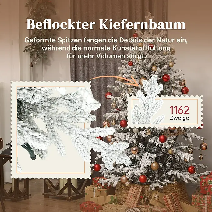 HOMCOM-Weihnachtsbaum-93L x 93B x 150H cm-Grün+Weiß -  - Beflockter Weihnachtsbaum mit geformten Spitzen und 1162 Zweigen, dekoriert mit Kugeln und Geschenken.