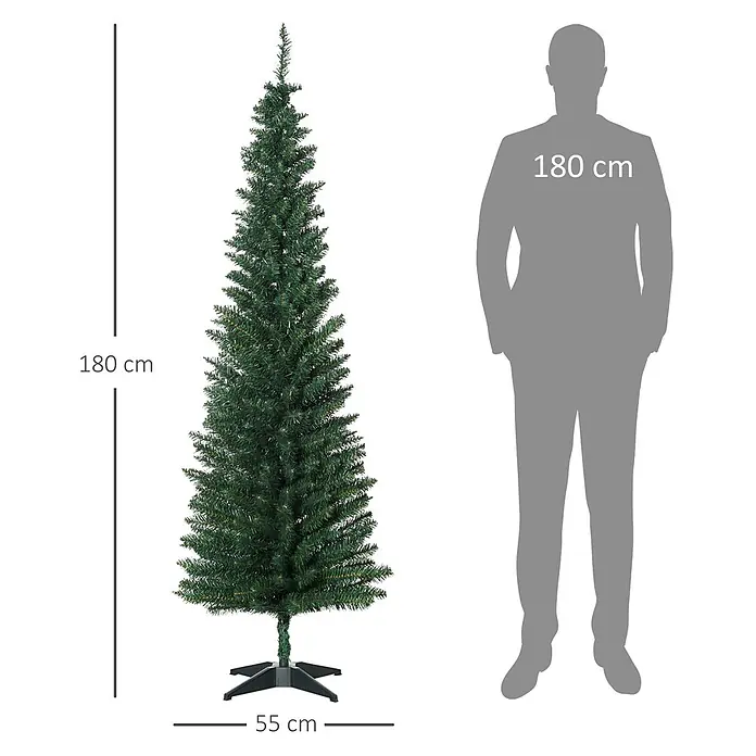 HOMCOM-Weihnachtsbaum-Ø55 x 180H cm-Grün -  - Schlanker, grüner künstlicher Weihnachtsbaum, 180 cm hoch mit 55 cm Basis, im Größenvergleich mit einer 180 cm großen Person.