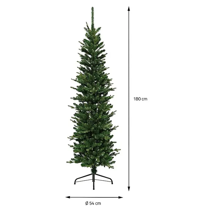 ECD Germany Künstlicher Weihnachtsbaum 180 cm, Weihnachtsdeko Innen -  - Ein schlanker, künstlicher grüner Weihnachtsbaum, 180 cm hoch mit 54 cm Durchmesser, auf schwarzem Metallständer.