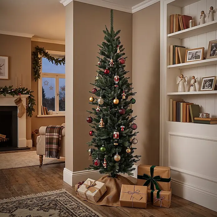 ECD Germany Künstlicher Weihnachtsbaum 180 cm, Weihnachtsdeko Innen -  - Ein schlanker, grüner Weihnachtsbaum, geschmückt mit roten, goldenen und grünen Kugeln und Nussknackern, umgeben von verpackten Geschenken, in einem gemütlichen Wohnzimmer.