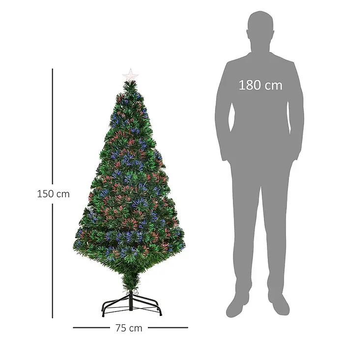 HOMCOM-Weihnachtsbaum-Ø75 x H150 cm-Grün -  - Künstlicher Lichterbaum mit grünen Zweigen und Sternspitze, 150 cm hoch, 75 cm breit, auf Metallständer.