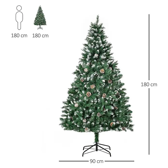 HOMCOM-Weihnachtsbaum-Ø90 x 180H cm-Grün -  - Grüner künstlicher Weihnachtsbaum mit Raureif und Tannenzapfen, 180 cm hoch und 90 cm breit.