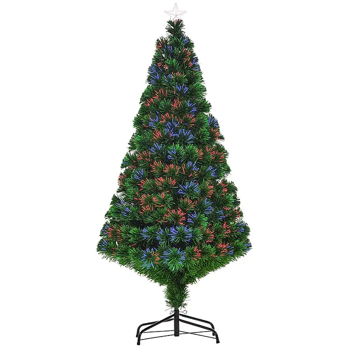 HOMCOM-Weihnachtsbaum-Ø75 x H150 cm-Grün -  - Künstlicher grüner Weihnachtsbaum mit roten und blauen Glasfaserlichtern und einem Sternaufsatz auf schwarzem Metallständer.