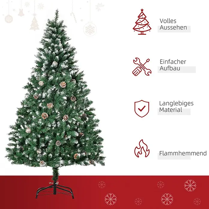 HOMCOM-Weihnachtsbaum-Ø90 x 180H cm-Grün -  - Künstlicher grüner Weihnachtsbaum mit bereiften Zweigen und Tannenzapfen auf schwarzem Metallständer.
