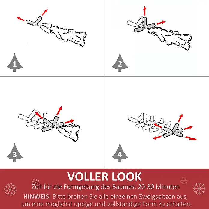 HOMCOM-Weihnachtsbaum-Ø75 x H150 cm-Grün -  - Anleitung zum Biegen künstlicher Weihnachtsbaumzweige für eine volle Form, in vier Schritten dargestellt.