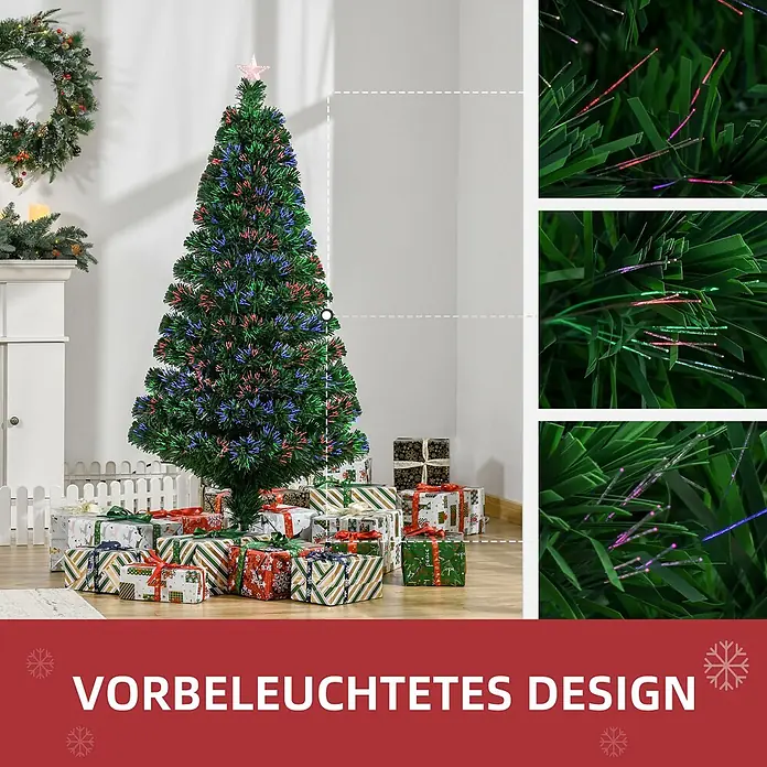 HOMCOM-Weihnachtsbaum-Ø75 x H150 cm-Grün -  - Grüner, vorbeleuchteter Glasfaser-Weihnachtsbaum mit bunten Lichtern und rosa Sternspitze, zwischen Geschenken.
