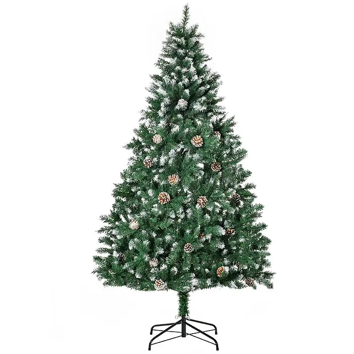 HOMCOM-Weihnachtsbaum-Ø90 x 180H cm-Grün -  - Grüner künstlicher Weihnachtsbaum mit beflockten Ästen und Tannenzapfen, auf schwarzem Metallständer.