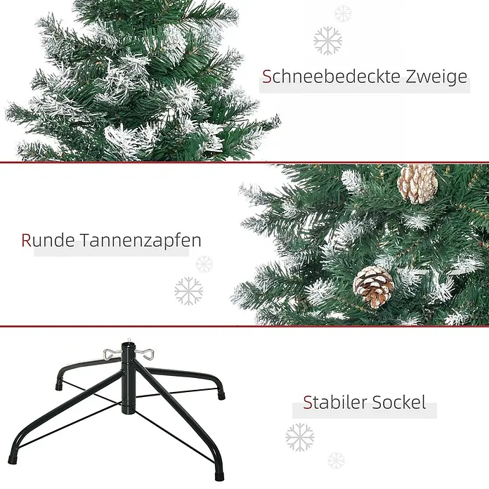 HOMCOM-Weihnachtsbaum-Ø90 x 180H cm-Grün -  - Details eines künstlichen Weihnachtsbaums mit schneebedeckten Zweigen, runden Tannenzapfen und einem stabilen schwarzen Metallständer.