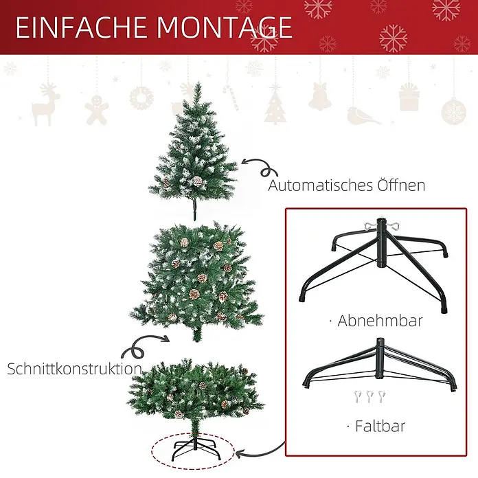 HOMCOM-Weihnachtsbaum-Ø90 x 180H cm-Grün -  - Künstlicher Weihnachtsbaum mit Segmentbauweise und automatischem Astöffnungssystem; inklusive abnehmbarem, faltbarem schwarzem Metallständer.