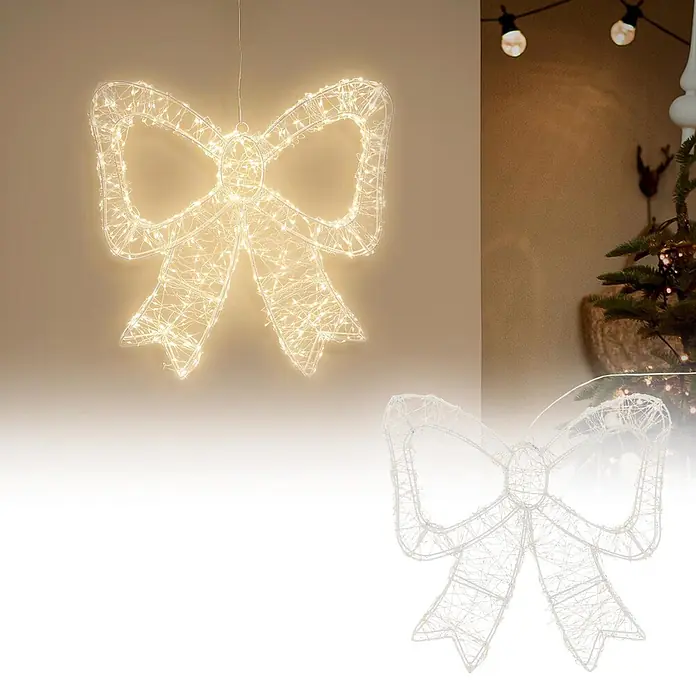 ECD Germany LED Weihnachtsschleife, Weihnachtsdeko Innen & Außen 48x46 cm -  - Beleuchtete weiße Schleifen-Weihnachtsdekoration mit warmweißen LEDs, an einer Wand hängend.