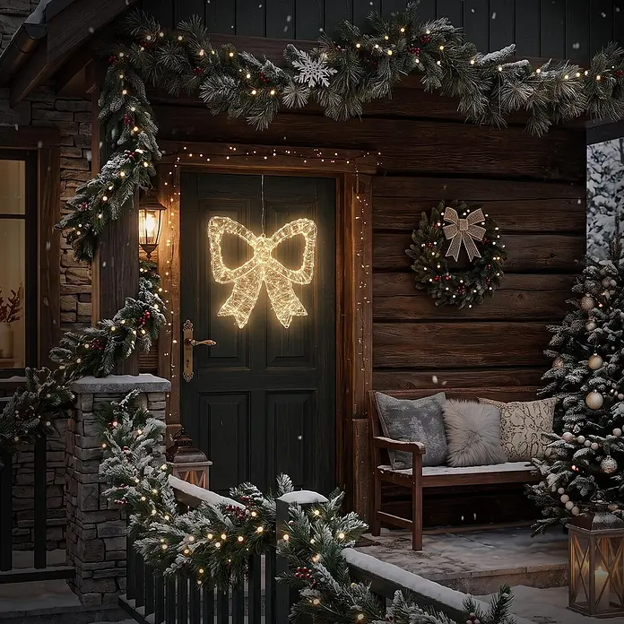 ECD Germany LED Weihnachtsschleife, Weihnachtsdeko Innen & Außen 48x46 cm -  - Warmweiße LED-Weihnachtsschleifenleuchte hängt an einer Holztür, Teil einer festlichen Hüttenveranda-Dekoration.