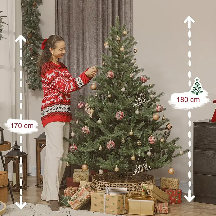 HOMCOM-Weihnachtsbaum-130L x 130B x 180H cm-Grün -  - Künstlicher grüner Weihnachtsbaum, 180 cm hoch, mit Ornamenten geschmückt und von einer Frau dekoriert.