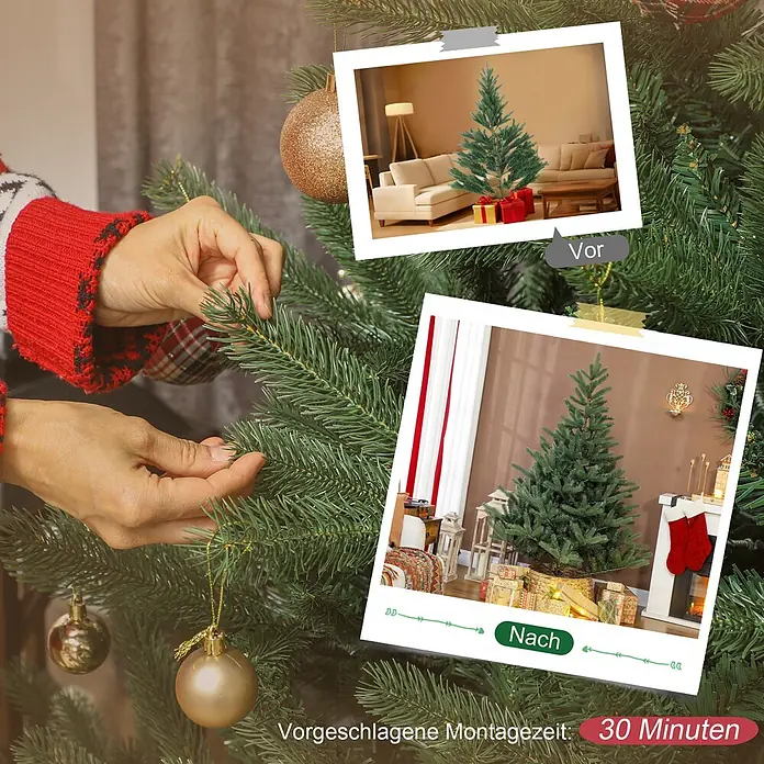 HOMCOM-Weihnachtsbaum-130L x 130B x 180H cm-Grün -  - Ein grüner Weihnachtsbaum wird montiert und dekoriert; Vorher-Nachher-Ansichten zeigen einfachen Aufbau und eine vorgeschlagene Montagezeit von 30 Minuten.
