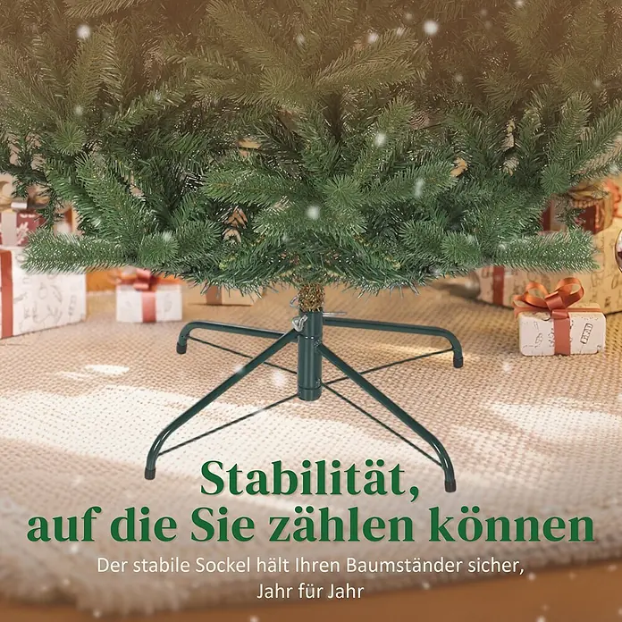 HOMCOM-Weihnachtsbaum-130L x 130B x 180H cm-Grün -  - Ein grüner Metall-Weihnachtsbaumständer hält einen künstlichen Baum stabil, umgeben von Geschenken auf einem Teppich. Er bietet gute Standfestigkeit.