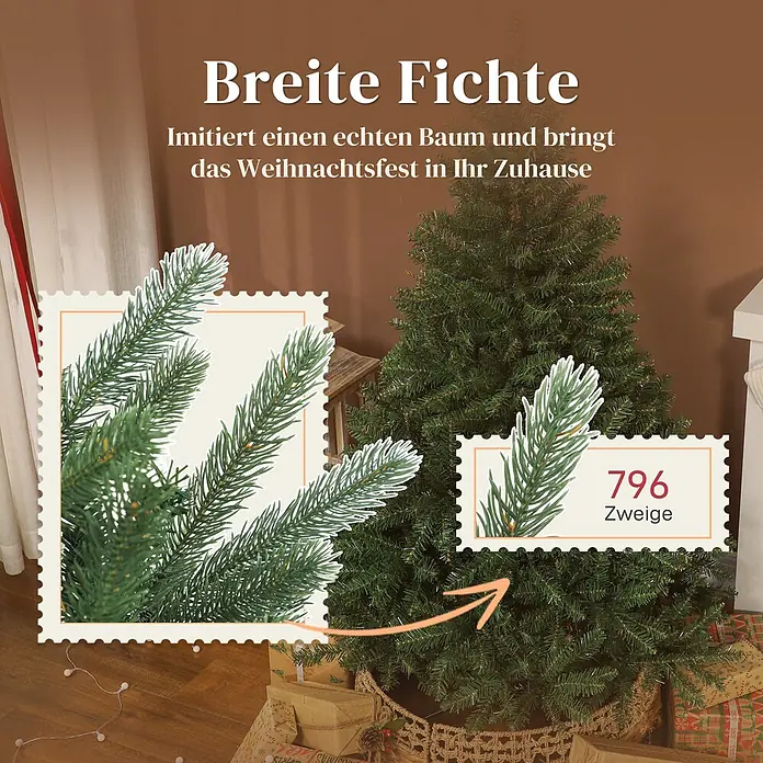 HOMCOM-Weihnachtsbaum-130L x 130B x 180H cm-Grün -  - Breite künstliche Fichte, die einen echten Baum imitiert, mit Nahaufnahmen der 796 Zweige.