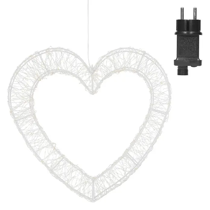 ECD Germany LED Deko Herz Fensterdeko mit Timer Weihnachtsdeko -  - Weiße herzförmige LED-Lichterkette mit Drahtgeflecht und separatem schwarzem Netzteil.