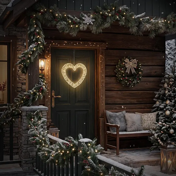 ECD Germany LED Deko Herz Weihnachten Fensterdeko mit Timer -  - Leuchtendes Herzlicht an einer dekorierten Holztür, Teil einer festlichen Winterveranda.