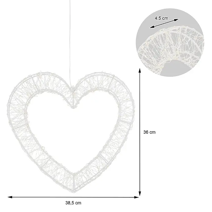 ECD Germany LED Deko Herz Weihnachten Fensterdeko mit Timer -  - Weißes, herzförmiges Drahtgestell-Dekolicht mit LEDs. Maße: 38,5 cm breit, 36 cm hoch, 4,5 cm tief.