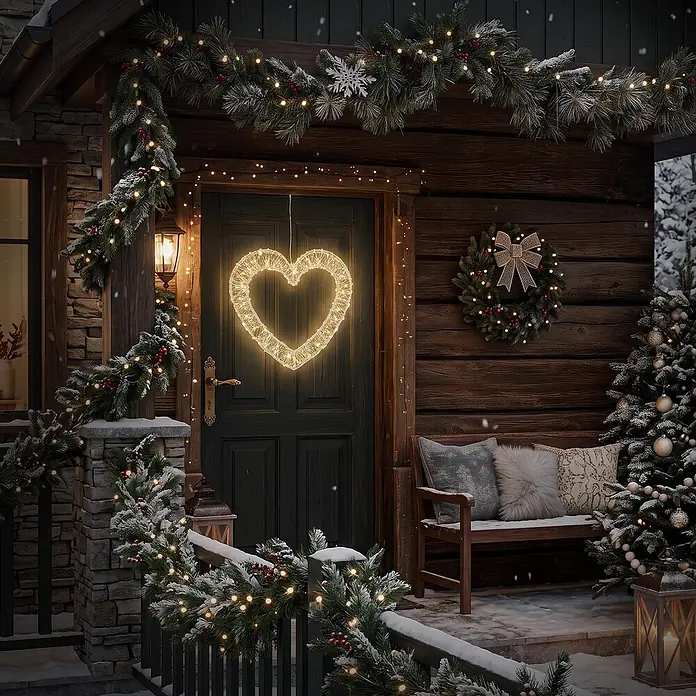 ECD Germany LED Deko Herz Fensterdeko mit Timer Weihnachtsdeko -  - Eine leuchtende herzförmige LED-Dekoration hängt an einer dunklen Holztür einer winterlichen Veranda.