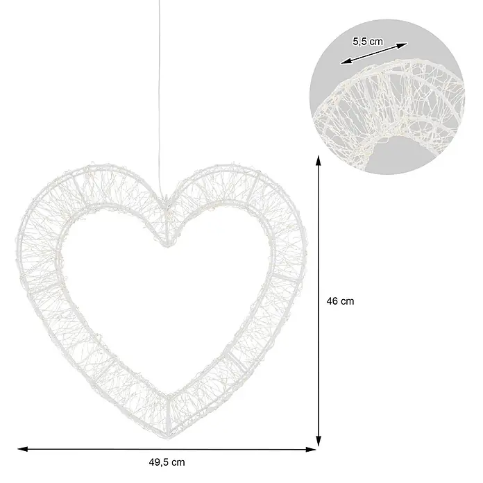 ECD Germany LED Deko Herz Fensterdeko mit Timer Weihnachtsdeko -  - Weiße herzförmige Lichterdeko aus Drahtgeflecht mit kleinen Lichtern. Maße: 49,5x46x5,5 cm.