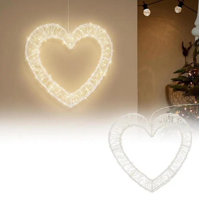 ECD Germany LED Deko Herz Fensterdeko mit Timer Weihnachtsdeko -  - Weiße Draht-Herz-LED-Lichtdekoration, warm leuchtend und hängend. Eine kleinere, unbeleuchtete Version ist ebenfalls abgebildet.
