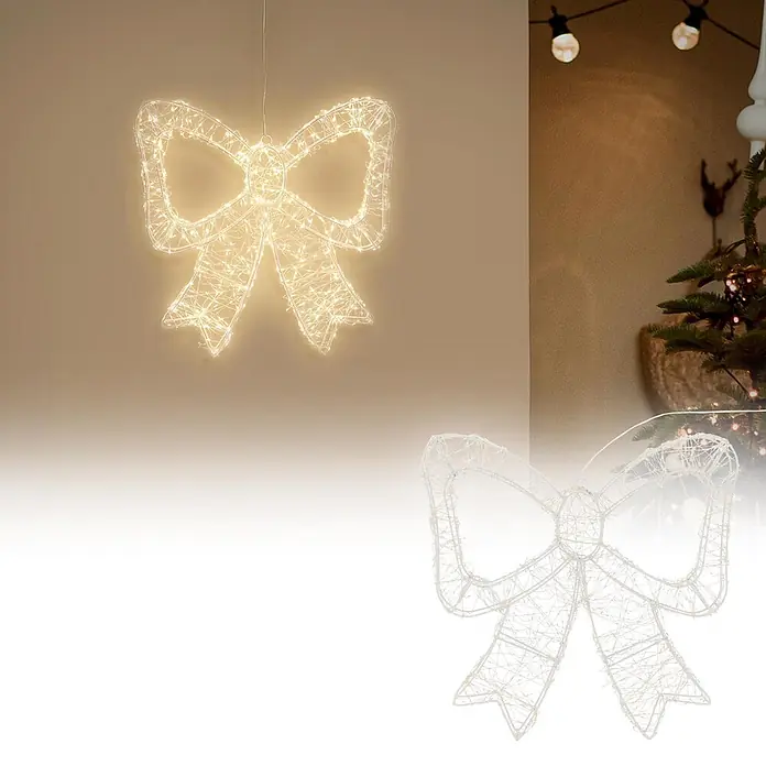 ECD Germany LED Weihnachtsschleife, Weihnachtsdeko Innen & Außen 37x33 cm -  - Weiße LED-Schleifendekoration aus Drahtrahmen mit warmweißen Lichtern, ideal zum Aufhängen.