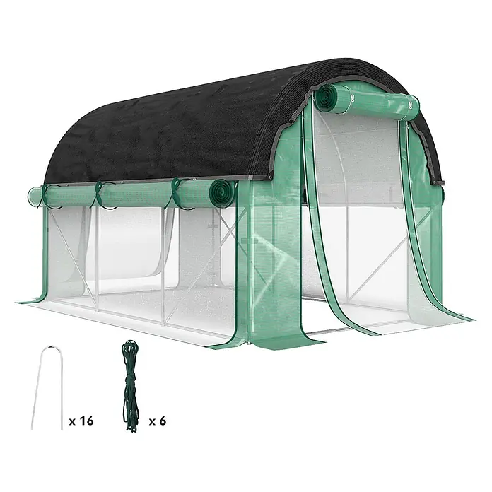 Outsunny-Folientunnel-300L x 200B x 198H cm -  - Gewächshaus-Folientunnel mit schwarzem Bogendach, grünen Rollladen-Seitenwänden und transparenten Netzgewebewänden, mit Erdankern und Seilen.