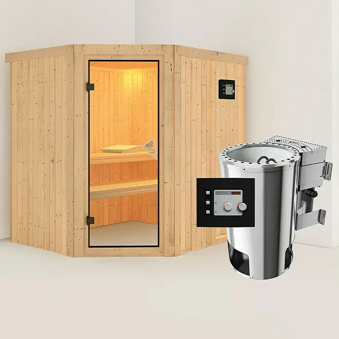 Karibu Elementsauna Lilja - Mit 3,6 kW Bio-Ofen mit externer Steuerung, Ohne Dachkranz, L x B x H: 196 x 170 x 192 cm - Bild einer Sauna mit einem Ofen und Bedienfeld, die ein entspannendes Wellness-Erlebnis versprechen.