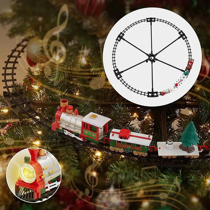 ECD Germany Weihnachtszug für den Weihnachtsbaum, Elektrisch Weihnachtsdeko -  - Rot-grünes Weihnachtsbaum-Zugset mit beleuchteter Lok, Geschenkewagen, Baum und Schneemann, fährt auf Schienen um einen geschmückten Tannenbaum.
