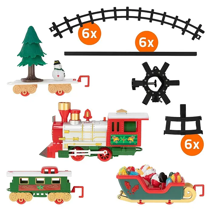 ECD Germany Weihnachtszug für den Weihnachtsbaum, Elektrisch Weihnachtsdeko -  - Ein Weihnachtszug-Set mit Lokomotive, Waggons (inkl. Weihnachtsschlitten), gebogenen und geraden Schienen und Baumständerteilen.