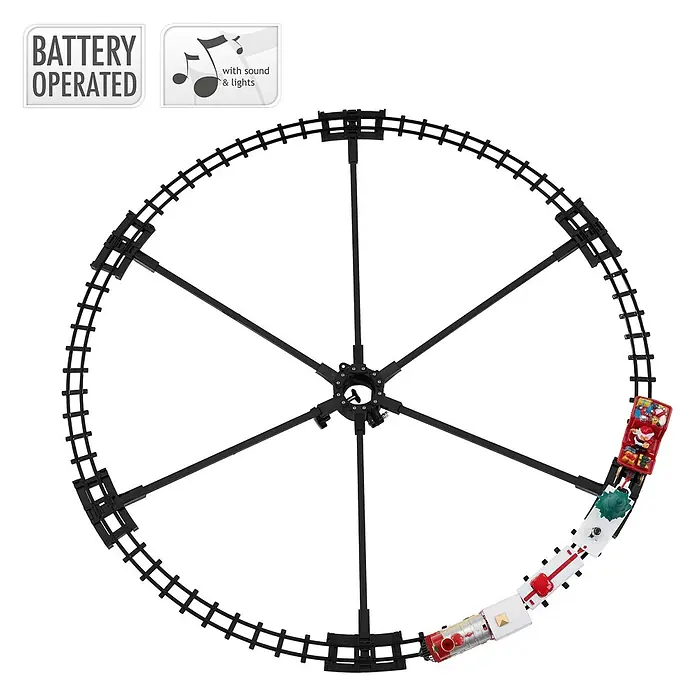 ECD Germany Weihnachtszug für den Weihnachtsbaum, Elektrisch Weihnachtsdeko -  - Batteriebetriebener Weihnachtszug mit Sound & Lichtern auf erhöhter Rundstrecke, gestützt von schwarzen Stangen.