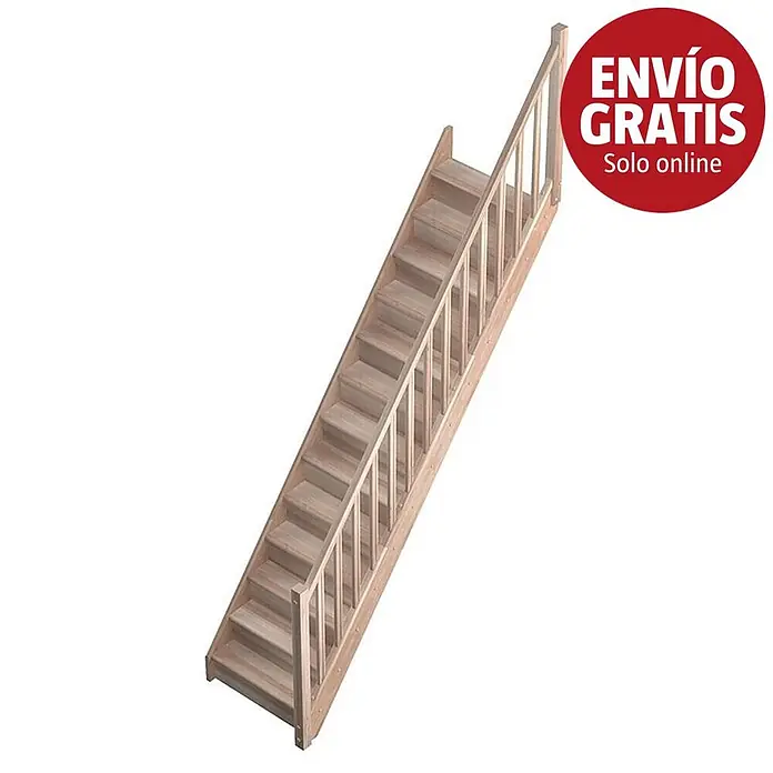 Sogem Escalera principal Tradi Eco - Haya, Ancho: 82 cm, Recto, Altura de planta: 280 cm - Escalera de altillo de madera clara con barandilla simple.