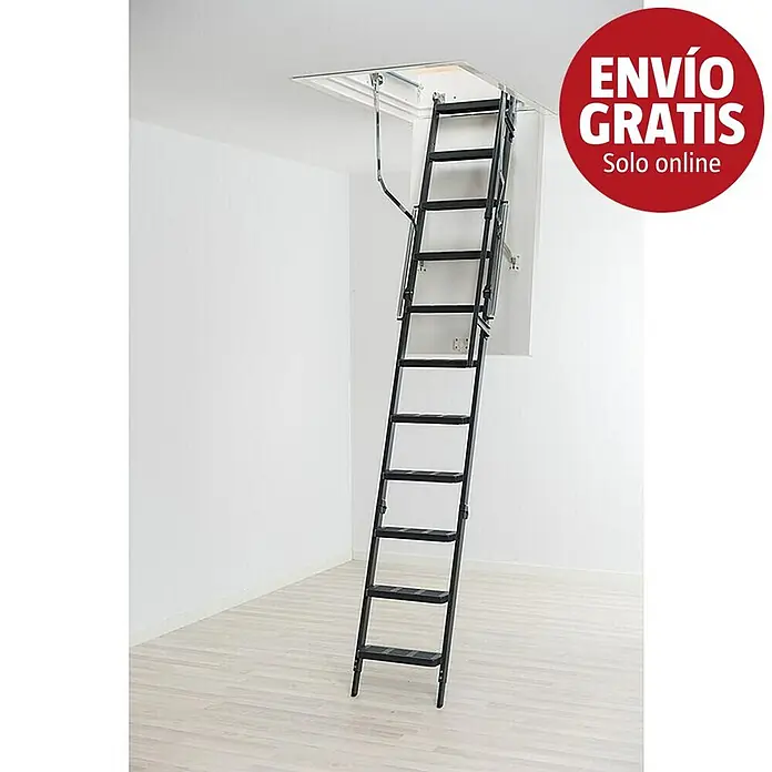 Sogem Escalera escamoteable Isoclic Pro Confort - 120 x 60 cm, Aislamiento térmico: 0,49 W/(m²K) - Escalera telescópica negra para altillo, desplegada desde una trampilla en el techo de una habitación.