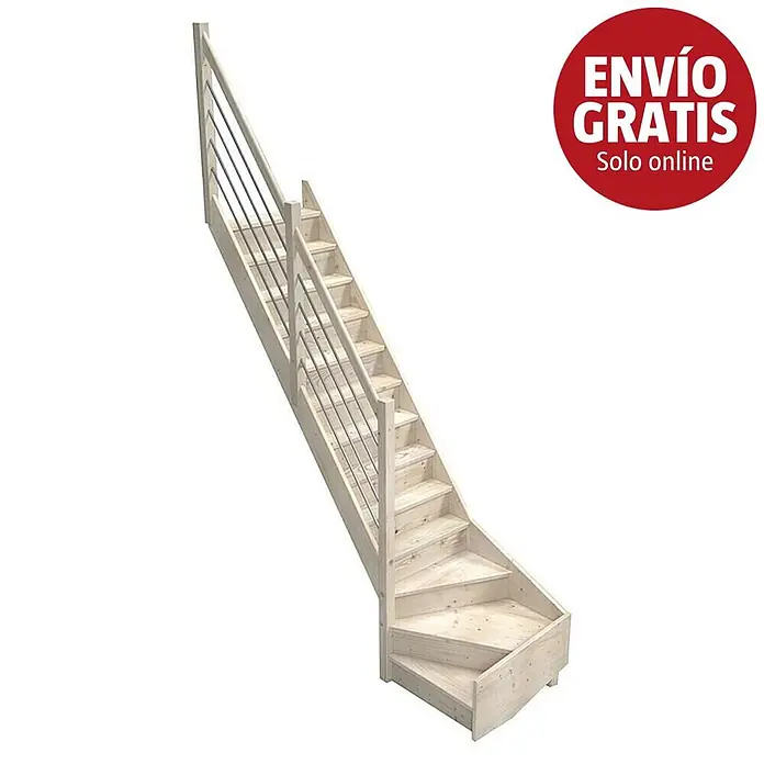 Sogem Escalera principal Trendy Eco - Abeto, Ancho: 82 cm, 1/4 espiral izquierda, Altura de planta: 280 cm - Escalera de madera clara, compacta, con giro de cuarto inferior y barandilla de barras metálicas.