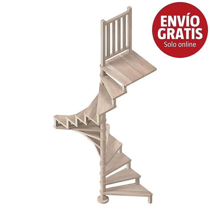 Sogem Escalera de caracol Square Luxe - Diámetro: 120 cm, Color peldaños: Haya, Altura de planta: 300 cm, Sin barandilla - Escalera de caracol de madera clara con poste central, peldaños triangulares y un rellano superior con barandilla de madera.