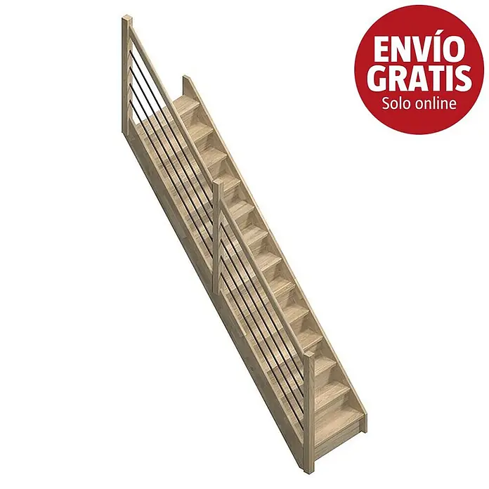 Sogem Escalera principal Trendy Eco - Roble, Ancho: 80 cm, Recto, Altura de planta: 285 cm - Escalera de madera con barrotes metálicos negros y pasamanos.