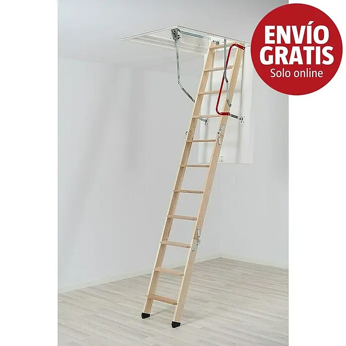 Sogem Escalera escamoteable Isoclic Pro76 - Longitud de la apertura del techo: 120 cm, Anchura de la apertura del techo: 70 cm, Aislamiento térmico: 1,2 W/(m²K) - Escalera plegable de madera clara para desván, desplegada desde el techo, con pasamanos rojo.