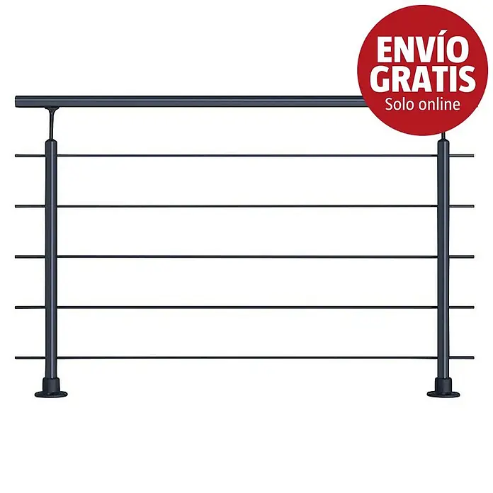 Sogem Balaustrada Clean - 150 x 102 cm, Aluminio, Negro - Barandilla metálica gris oscuro con cinco barras horizontales, dos postes y un pasamanos. Un círculo rojo superpuesto indica 'ENVÍO GRATIS Solo online'.