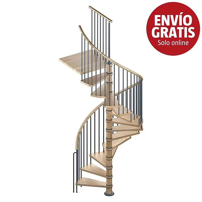 Sogem Escalera de caracol Vega - Haya, Diámetro: 140 cm, Altura de planta: 315 cm - Escalera de caracol de madera con peldaños y pasamanos de madera clara y barrotes de metal oscuro.