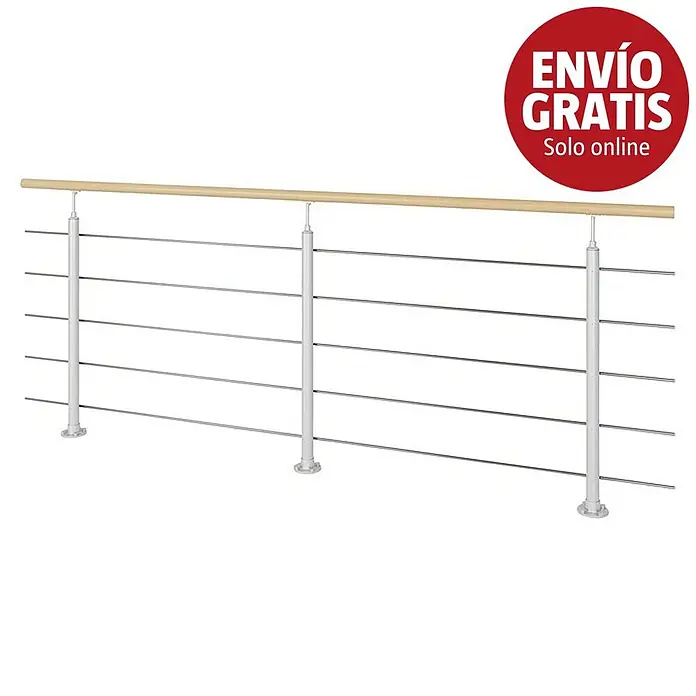 Sogem Balaustrada Interio - 250 x 102 cm, Acero, Plateado - Barandilla moderna con pasamanos de madera clara y postes metálicos plateados que sujetan varias barras metálicas horizontales.