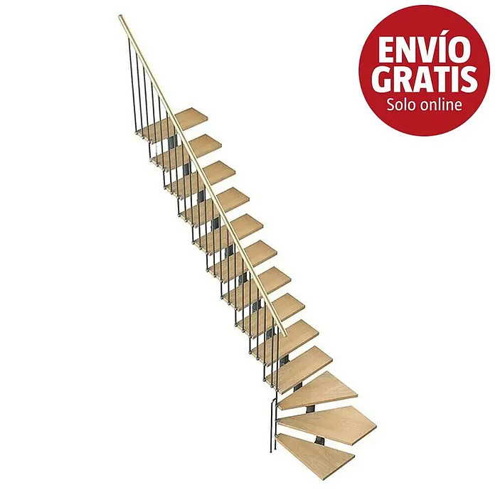 Sogem Escalera principal Eureka - Haya, Ancho: 74 cm, 1/4 espiral izquierda - Una escalera modular moderna y que ahorra espacio con peldaños de madera clara, soportes de metal negro y pasamanos dorado, vista desde arriba en ángulo.