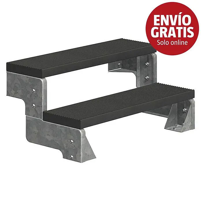 Sogem Escalera exterior Gardentop - Ancho: 100 cm, Número de escalones: 2 ud., Recto, Antracita - Escalera de dos peldaños de metal galvanizado con pisadas antideslizantes negras y estriadas.