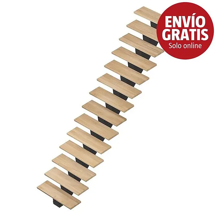 Sogem Escalera principal Gomera - Haya, Ancho: 85 cm, Recto, Altura de planta: 285,2 cm - Somier de láminas de madera clara con soportes negros.