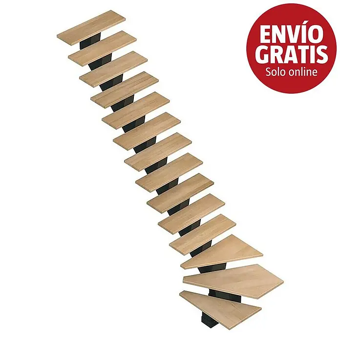 Sogem Escalera principal Gomera - Haya, Ancho: 85 cm, 1/4 espiral izquierda, Altura de planta: 285,2 cm - Escalera moderna de peldaños abiertos con escalones de madera clara y soportes metálicos negros, que asciende en curva.