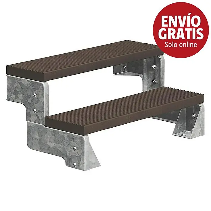 Sogem Escalera exterior Gardentop - Ancho: 80 cm, Número de escalones: 2 ud., Recto, Marrón - Escalera exterior de dos peldaños con peldaños de composite marrón oscuro acanalados y soportes de metal galvanizado.