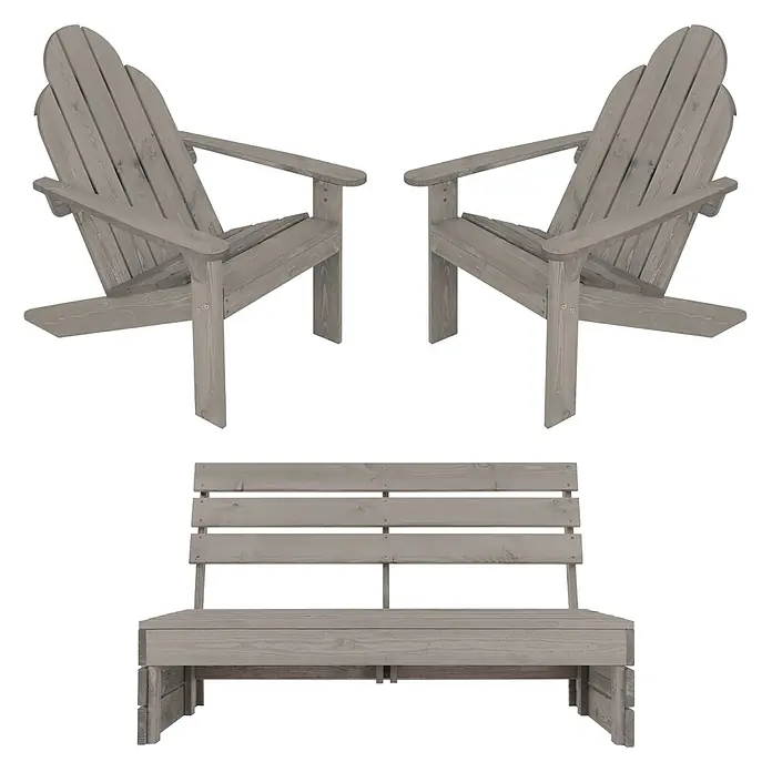 3tlg. Gartenmöbel Set Massivholz Grau 1x Bank mit 2x Stuhl -  - Set aus grauen Holz-Gartenmöbeln, darunter zwei Adirondack-Stühle und eine passende Bank.
